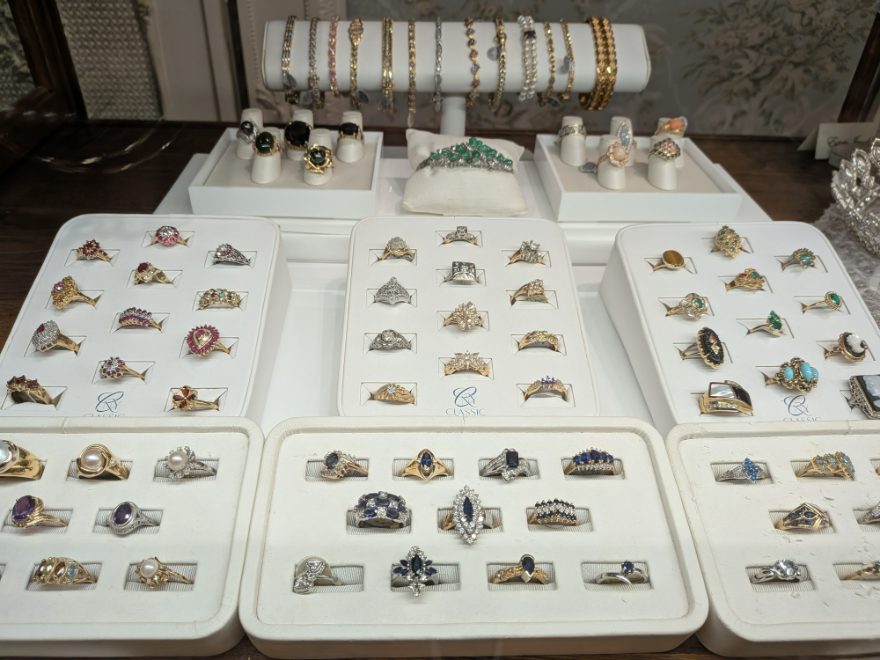 Estate gold gemstone rings on display at our Plymouth, Michigan storefront