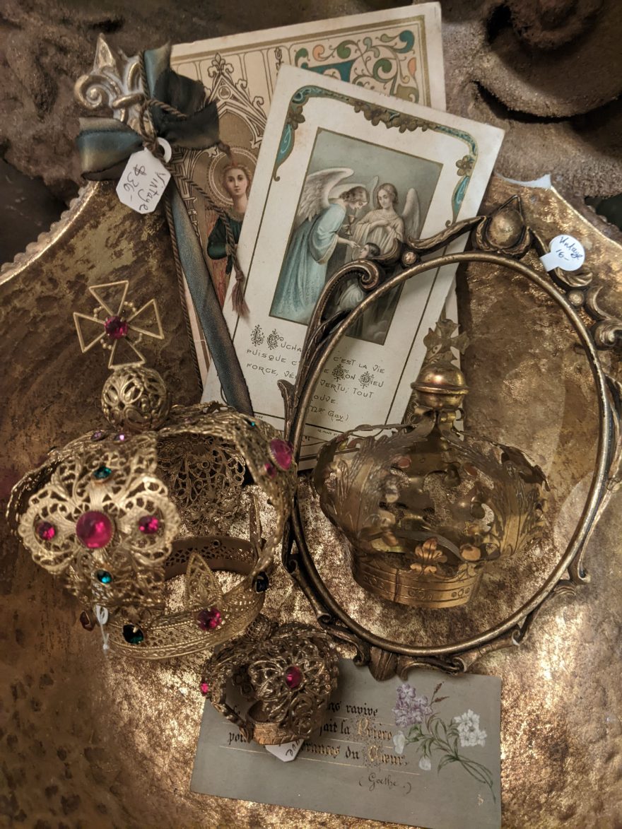 Antique European religious objects and gilt crowns