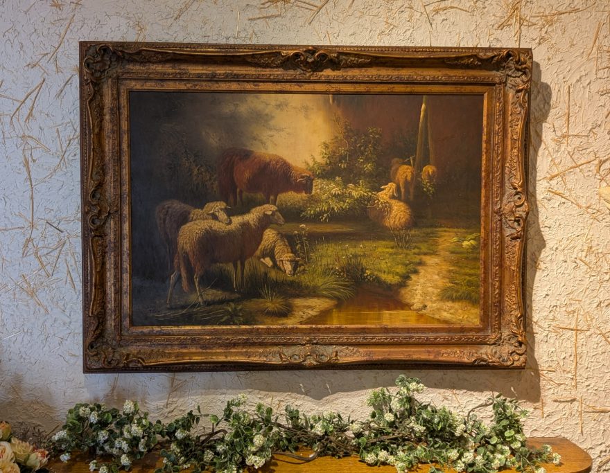 Antique oil painting of sheep in a gilt frame featured at our Plymouth antique store
